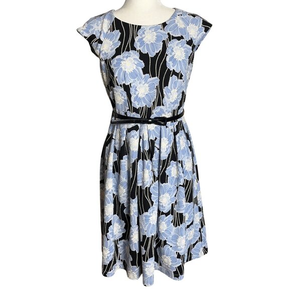 Rabbit Rabbit Rabbit Dress Blue Floral Fit Flare Midi Poly Career Retro Womens 6 - Picture 1 of 15